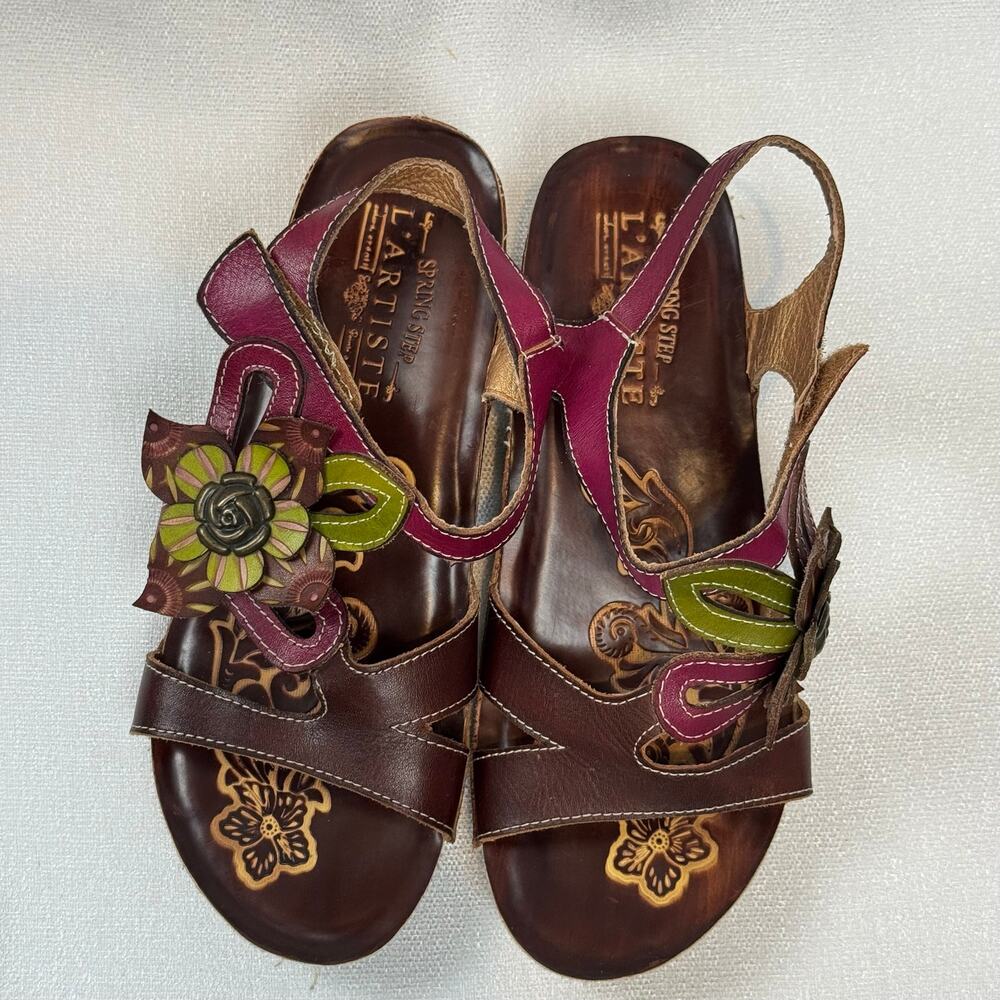L'Artiste Colorful Spring Step Pelagia Floral Leather Low Wedge Sandal  SZ 6.5